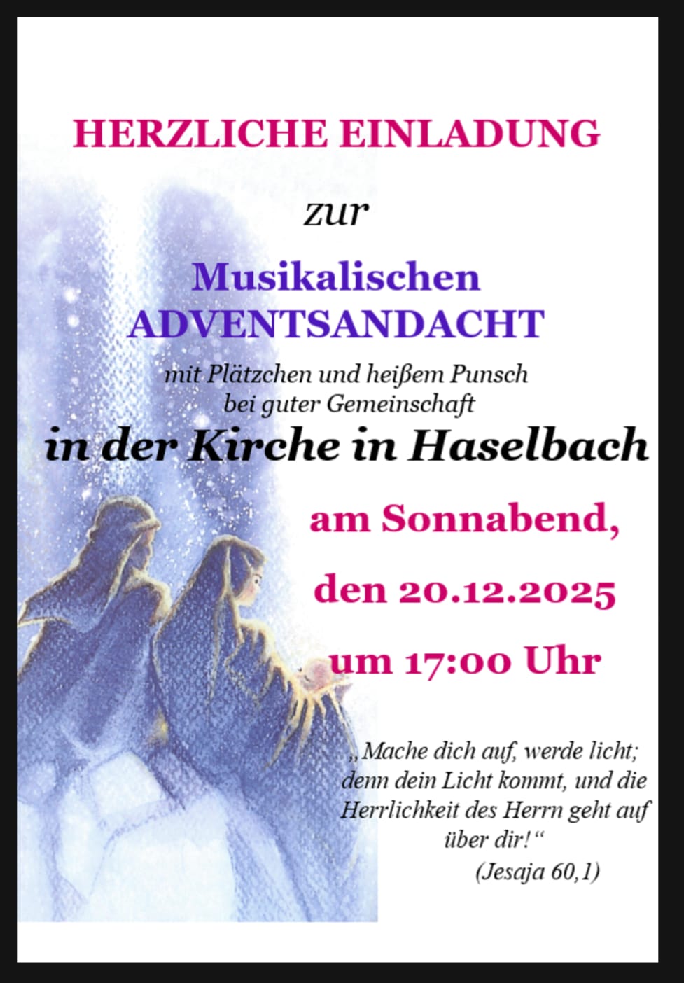 Herzliche Einladung: Musikalische Adventsandacht in Haselbach