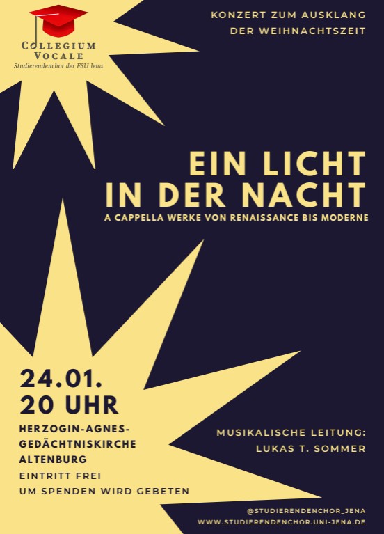 „Ein Licht in der Nacht“ – a-capella-Werke von der Renaissance bis zur Moderne am 24.01.2026, 20 Uhr, Herzogin-Agnes-Gedächtniskirche Altenburg